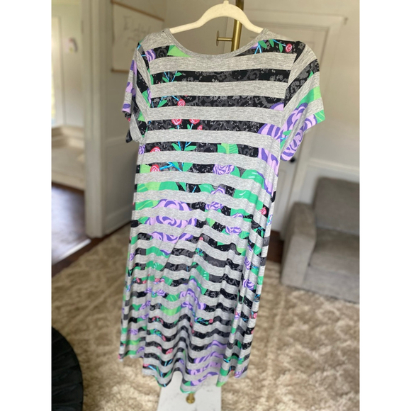 LuLaRoe Stripe Floral Midi Dress Gray Short Sleeve Stretch Lounge Bold Boho Art - Picture 3 of 6